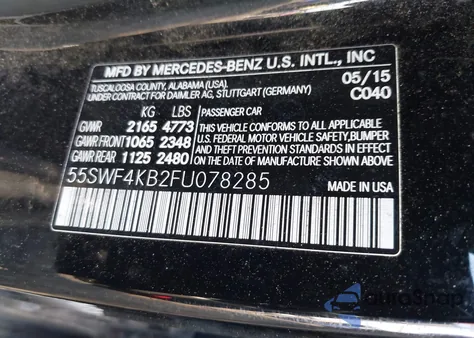 2015 Mercedes-Benz C 300 4Matic/Luxury 4Matic/Sport 4Matic from USA, damaged, VIN 55SWF4KB2FU078285